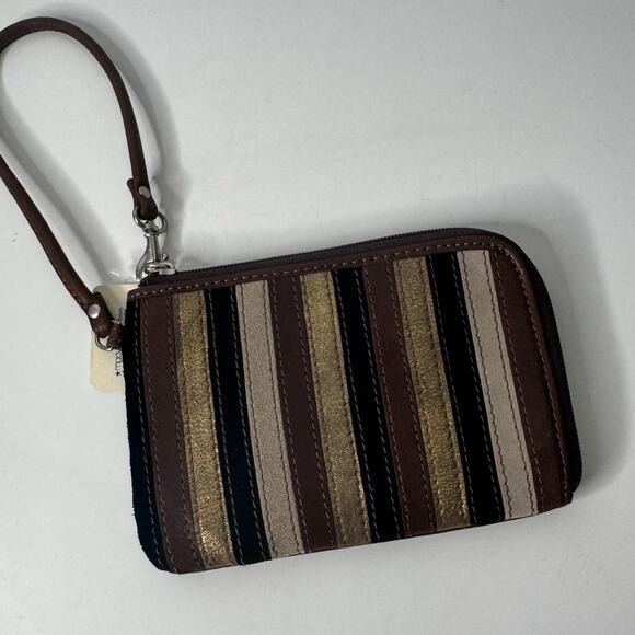 Fossil Vintage Striped Leather Zip Around Wallet Clutch Wristlet Strap Boho NEW - Picture 1 of 8